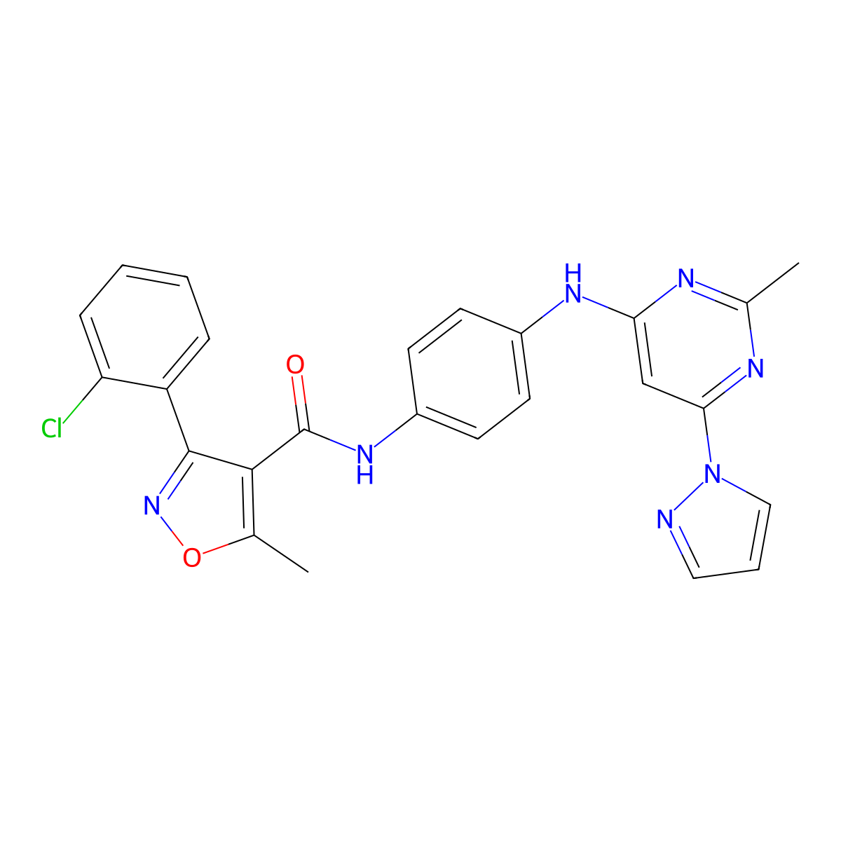 3-(2-chlorophenyl)-5-methyl-N-(4-((2-methyl-6-(1H-pyrazol-1-yl)pyrimidin-4-yl)amino)phenyl)isoxazole-4-carboxamide molecular structure, CAS 1219902-94-9