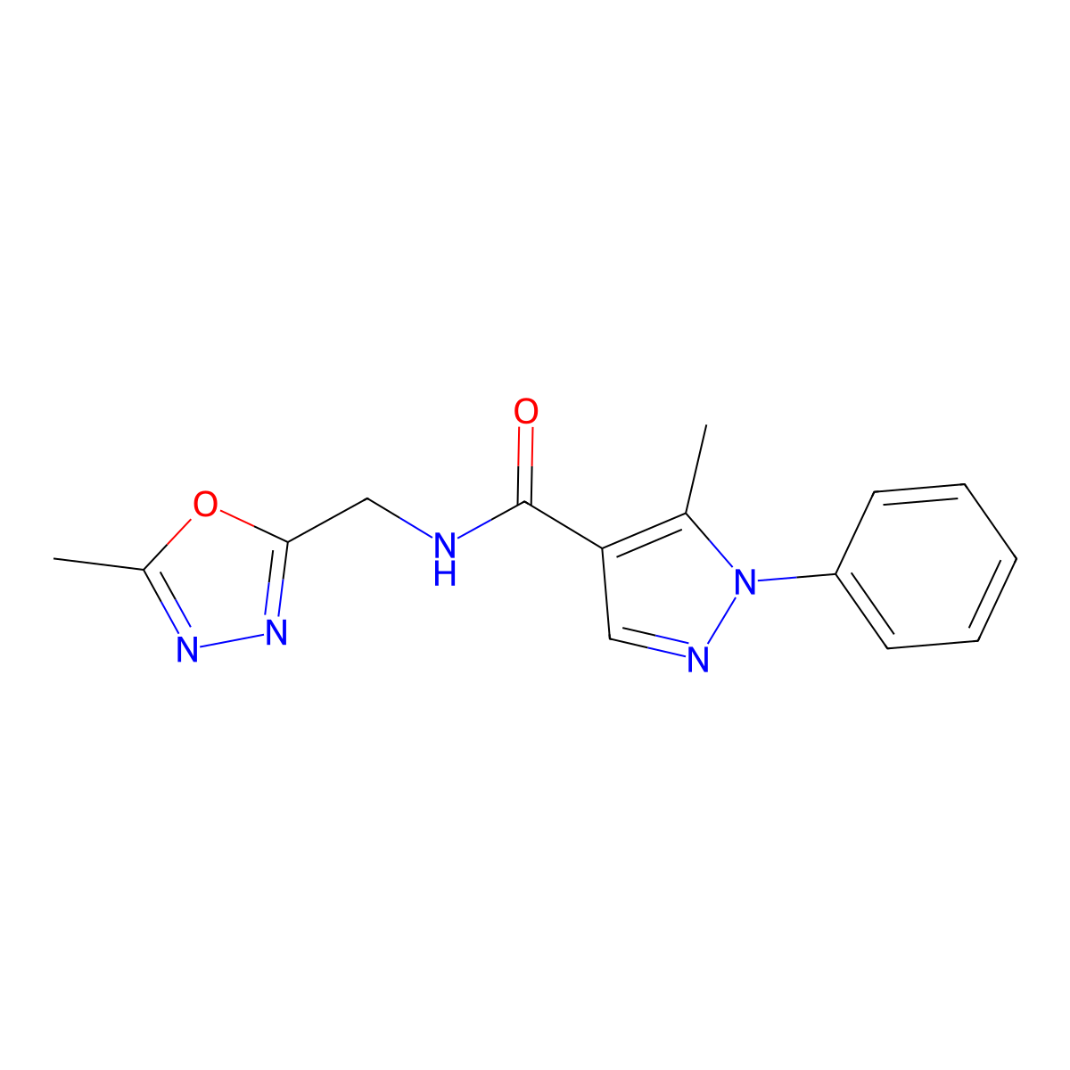 5-methyl-N-((5-methyl-1,3,4-oxadiazol-2-yl)methyl)-1-phenyl-1H-pyrazole-4-carboxamide molecular structure, CAS 1219902-97-2