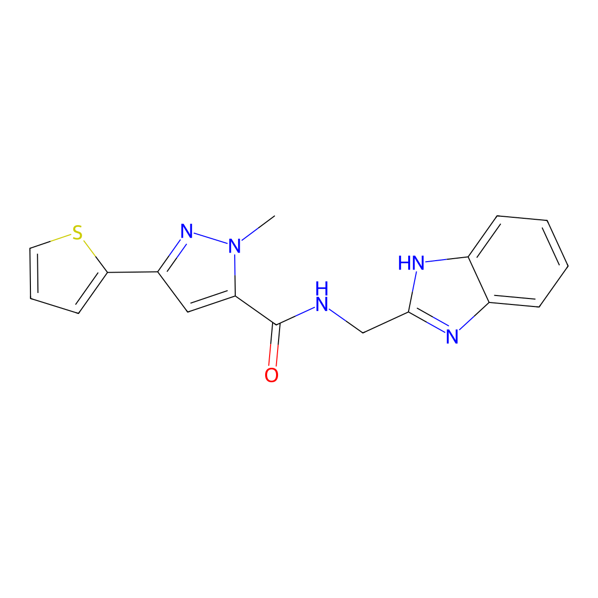 N-((1H-benzo[d]imidazol-2-yl)methyl)-1-methyl-3-(thiophen-2-yl)-1H-pyrazole-5-carboxamide molecular structure, CAS 1219902-99-4