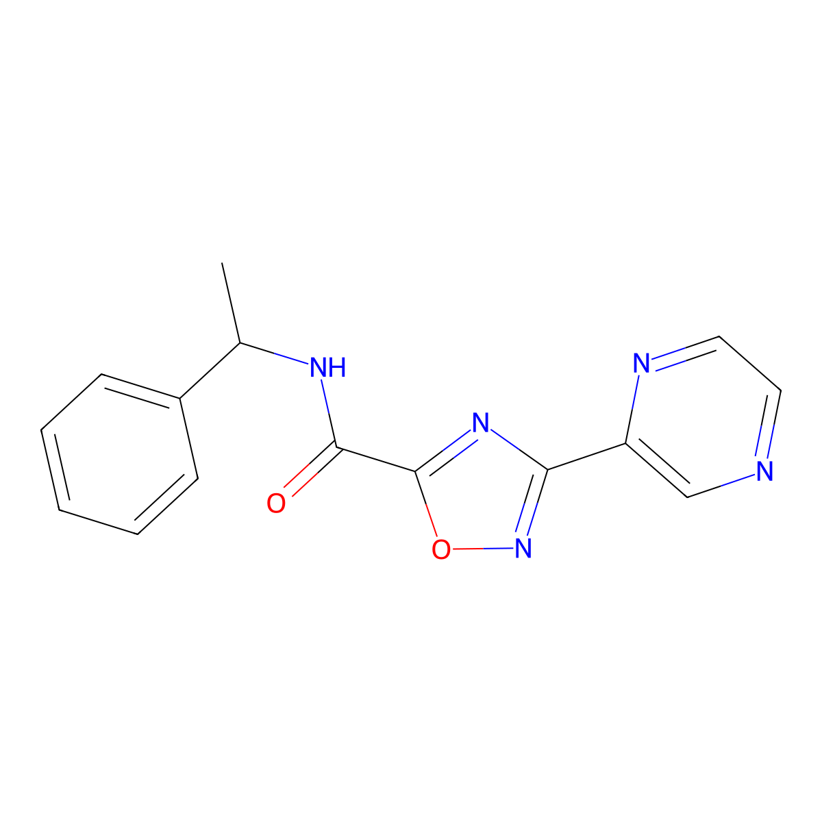 N-(1-phenylethyl)-3-(pyrazin-2-yl)-1,2,4-oxadiazole-5-carboxamide molecular structure, CAS 1219903-00-0