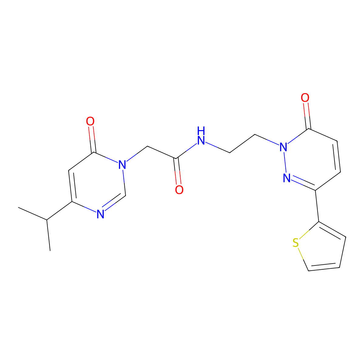 2-(4-isopropyl-6-oxopyrimidin-1(6H)-yl)-N-(2-(6-oxo-3-(thiophen-2-yl)pyridazin-1(6H)-yl)ethyl)acetamide molecular structure, CAS 1219903-07-7