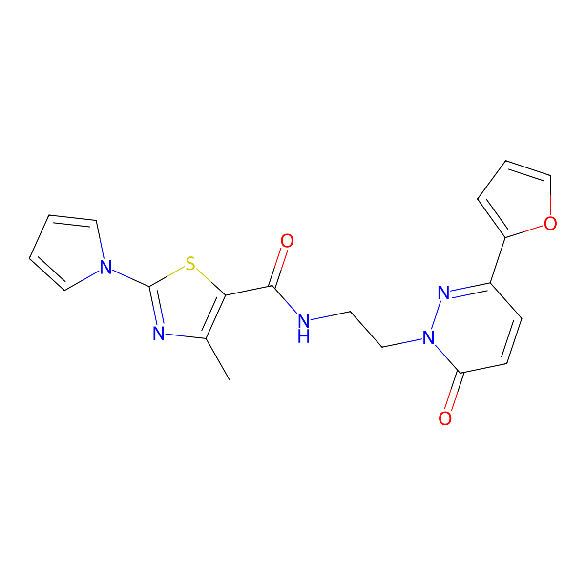 N-(2-(3-(furan-2-yl)-6-oxopyridazin-1(6H)-yl)ethyl)-4-methyl-2-(1H-pyrrol-1-yl)thiazole-5-carboxamide molecular structure, CAS 1219903-09-9