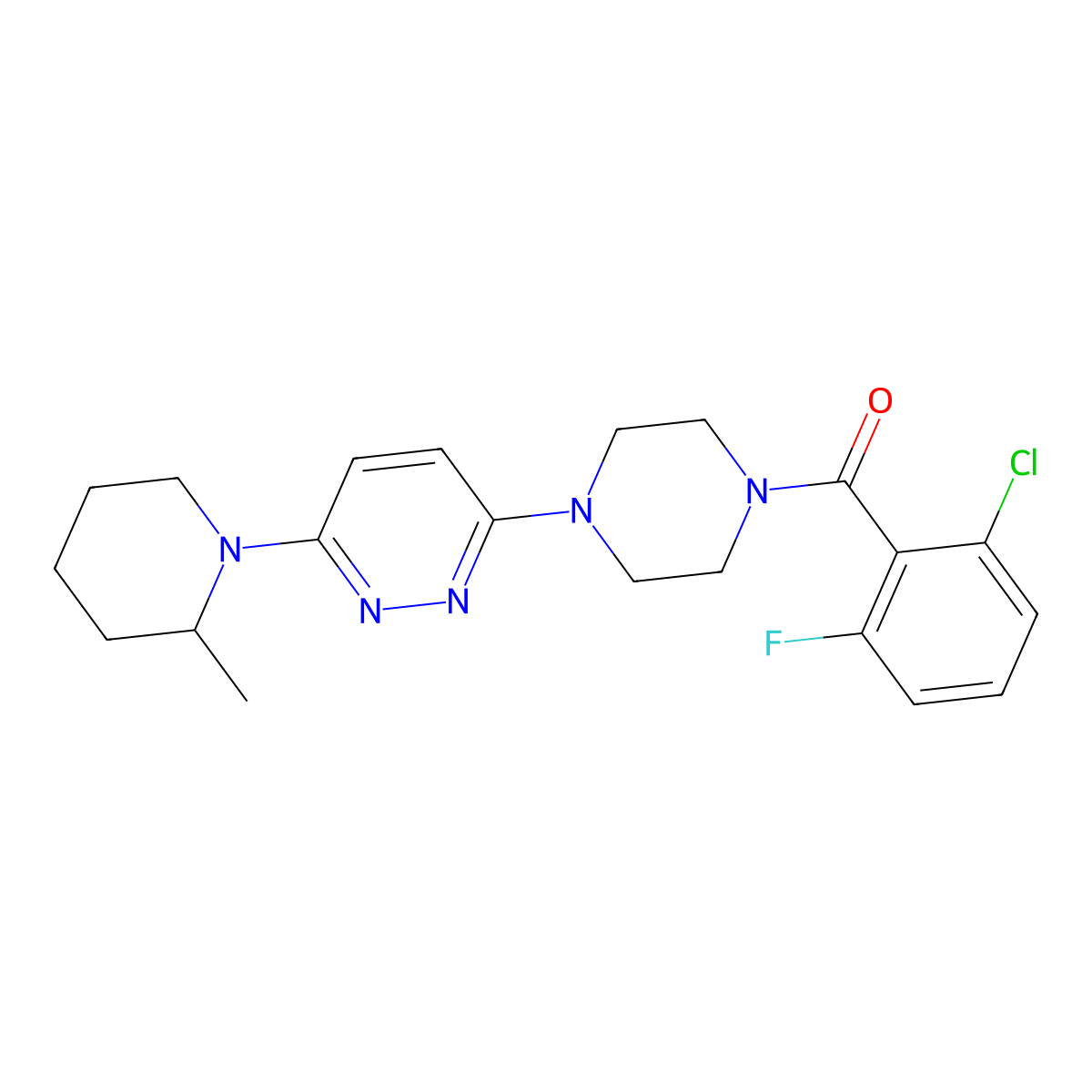(2-Chloro-6-fluorophenyl)(4-(6-(2-methylpiperidin-1-yl)pyridazin-3-yl)piperazin-1-yl)methanone molecular structure, CAS 1219903-10-2
