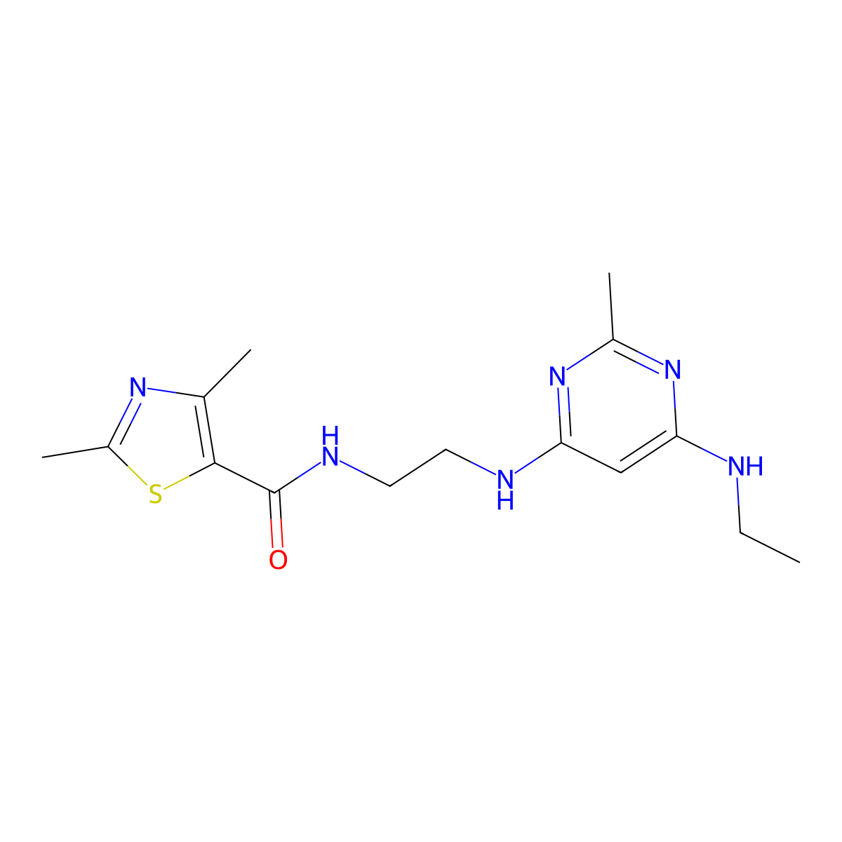 N-(2-((6-(ethylamino)-2-methylpyrimidin-4-yl)amino)ethyl)-2,4-dimethylthiazole-5-carboxamide molecular structure, CAS 1219903-14-6