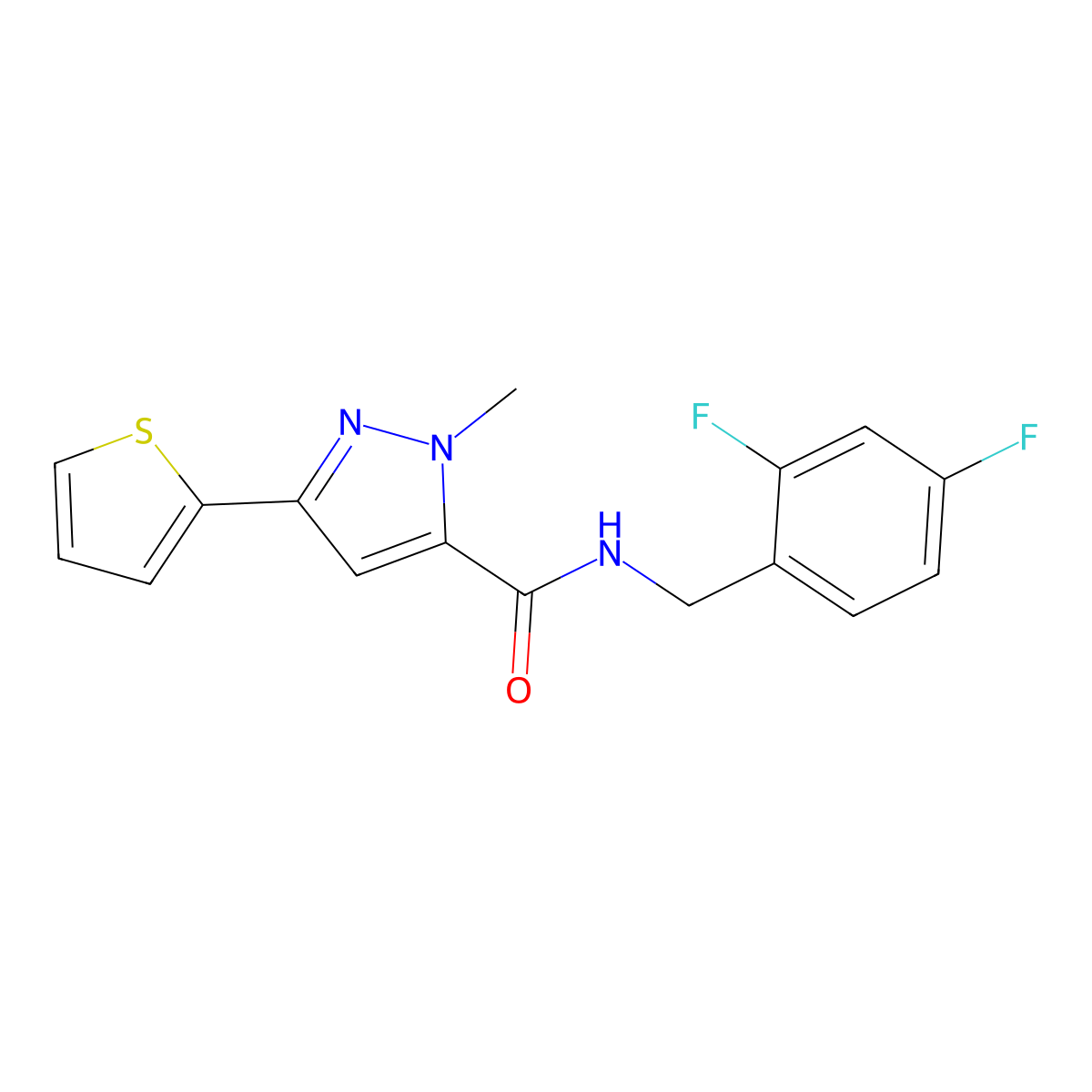 N-(2,4-difluorobenzyl)-1-methyl-3-(thiophen-2-yl)-1H-pyrazole-5-carboxamide molecular structure, CAS 1219903-21-5