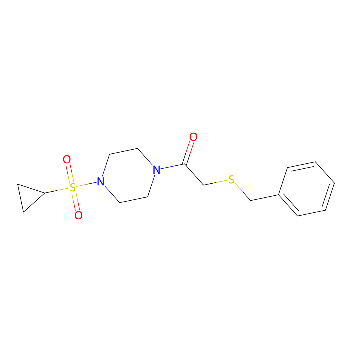 2-(Benzylthio)-1-(4-(cyclopropylsulfonyl)piperazin-1-yl)ethanone molecular structure, CAS 1219903-26-0
