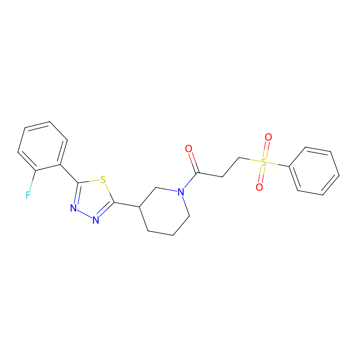 1-(3-(5-(2-Fluorophenyl)-1,3,4-thiadiazol-2-yl)piperidin-1-yl)-3-(phenylsulfonyl)propan-1-one molecular structure, CAS 1219903-39-5