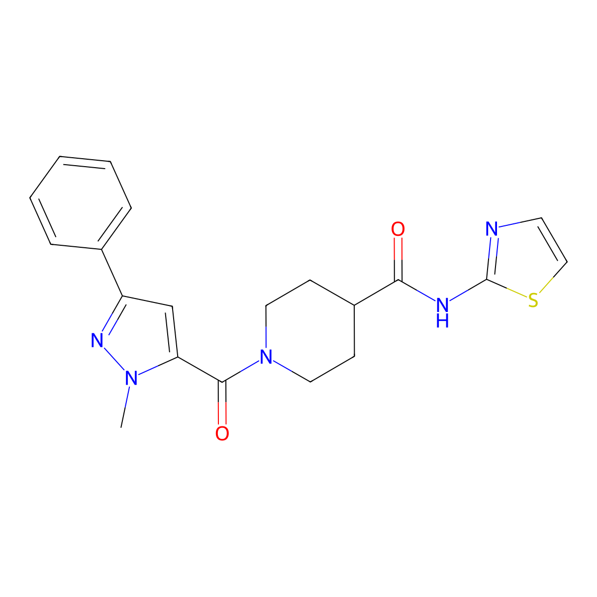 1-(1-methyl-3-phenyl-1H-pyrazole-5-carbonyl)-N-(thiazol-2-yl)piperidine-4-carboxamide molecular structure, CAS 1219903-42-0