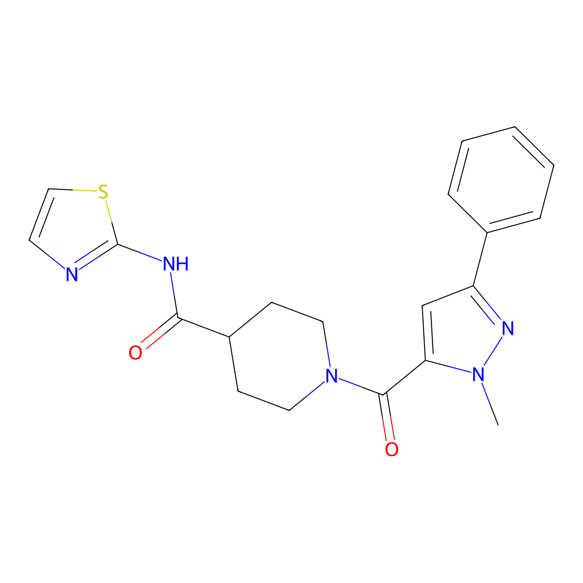 1-(1-methyl-3-phenyl-1H-pyrazole-5-carbonyl)-N-(thiazol-2-yl)piperidine-4-carboxamide molecular structure, CAS 1219903-42-0
