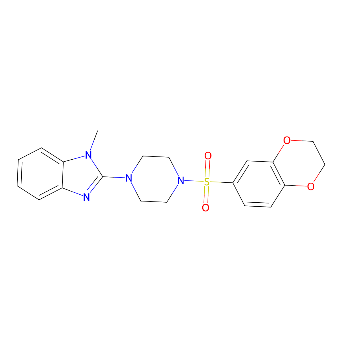 2-(4-((2,3-dihydrobenzo[b][1,4]dioxin-6-yl)sulfonyl)piperazin-1-yl)-1-methyl-1H-benzo[d]imidazole molecular structure, CAS 1219903-62-4