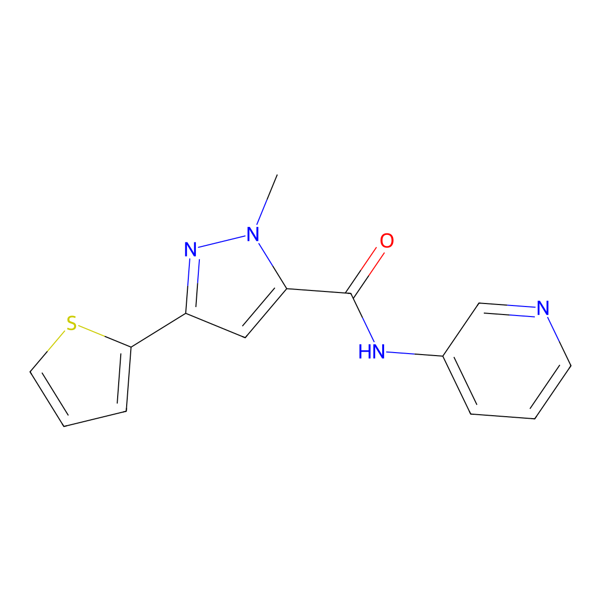 1-methyl-N-(pyridin-3-yl)-3-(thiophen-2-yl)-1H-pyrazole-5-carboxamide molecular structure, CAS 1219903-65-7