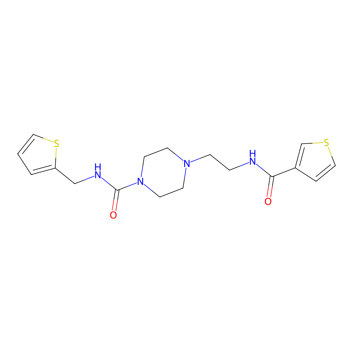 N-(thiophen-2-ylmethyl)-4-(2-(thiophene-3-carboxamido)ethyl)piperazine-1-carboxamide molecular structure, CAS 1219903-66-8