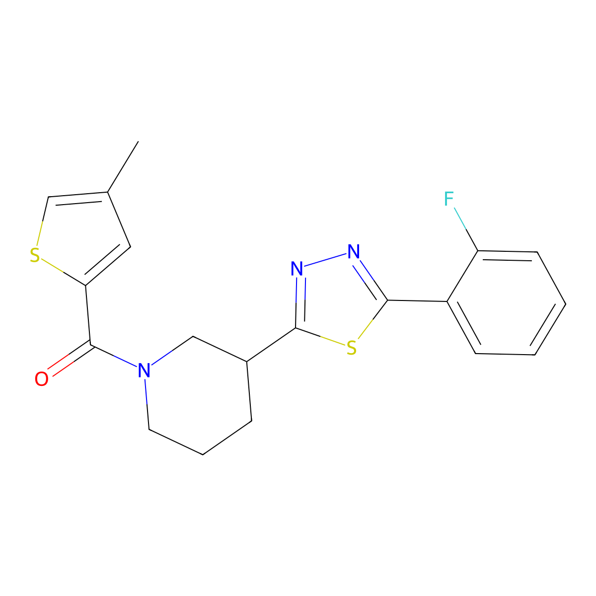 (3-(5-(2-Fluorophenyl)-1,3,4-thiadiazol-2-yl)piperidin-1-yl)(4-methylthiophen-2-yl)methanone molecular structure, CAS 1219903-79-3