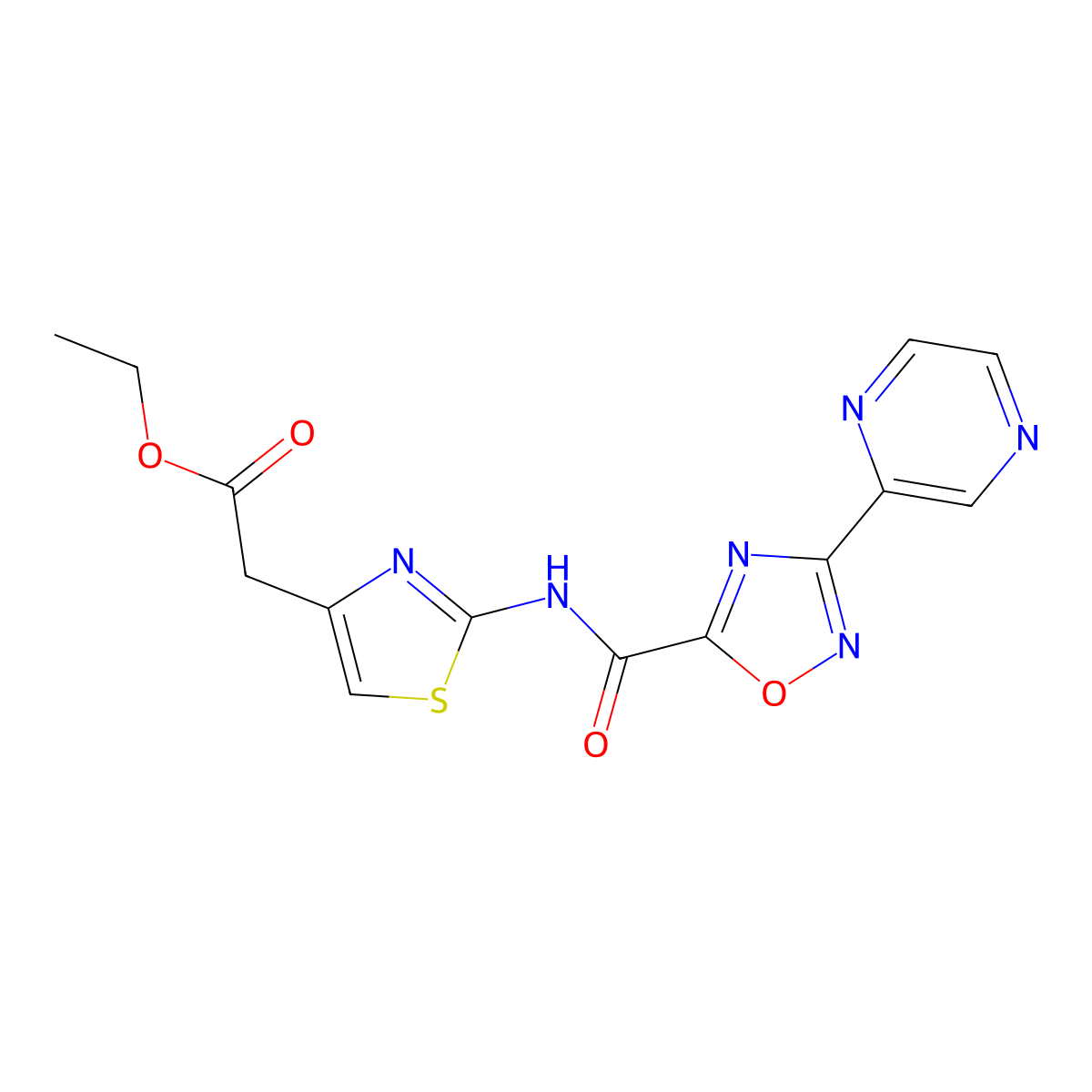 Ethyl 2-(2-(3-(pyrazin-2-yl)-1,2,4-oxadiazole-5-carboxamido)thiazol-4-yl)acetate molecular structure, CAS 1219903-83-9
