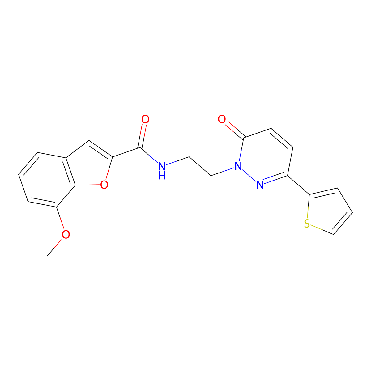 7-methoxy-N-(2-(6-oxo-3-(thiophen-2-yl)pyridazin-1(6H)-yl)ethyl)benzofuran-2-carboxamide molecular structure, CAS 1219904-03-6