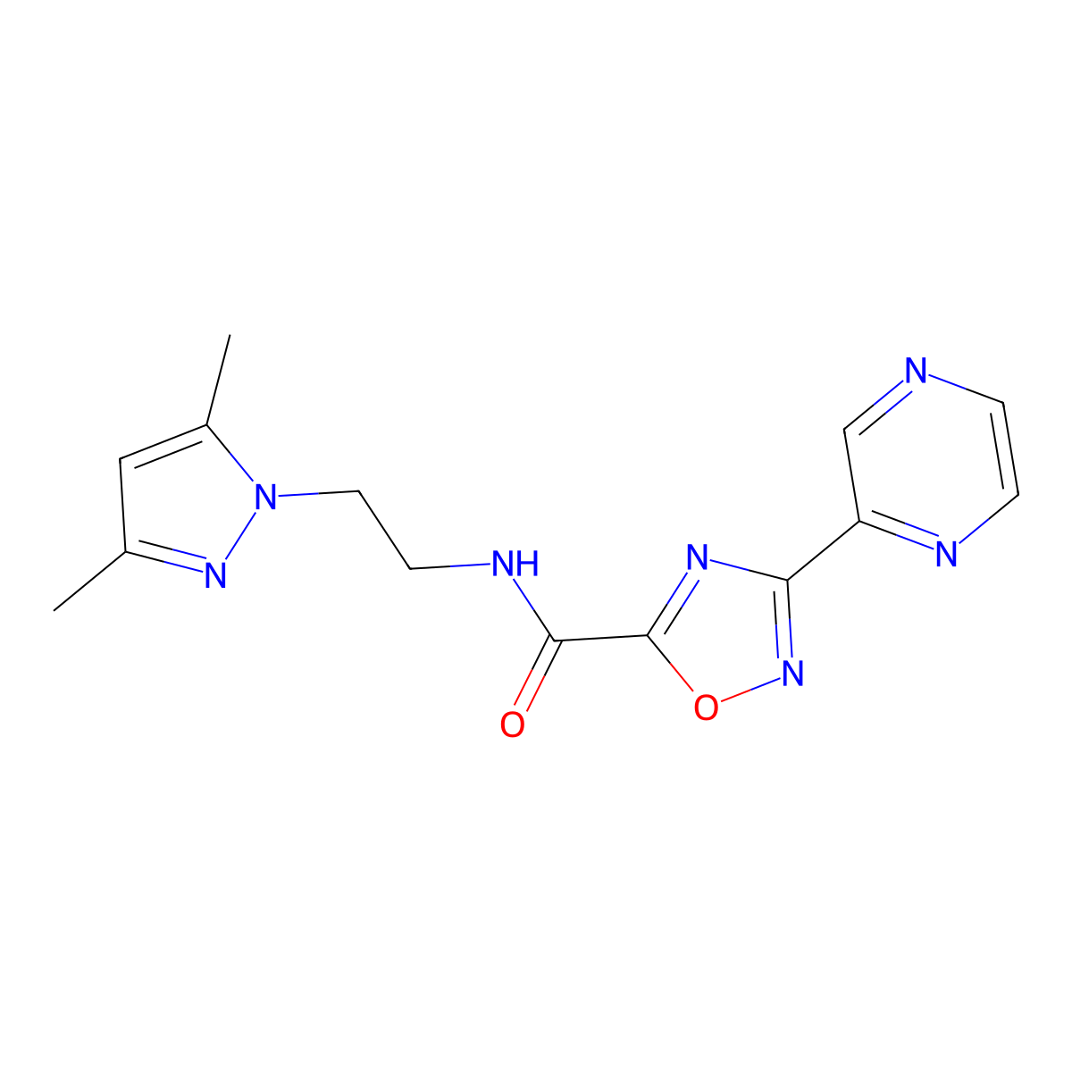 N-[2-(3,5-dimethyl-1H-pyrazol-1-yl)ethyl]-3-(pyrazin-2-yl)-1,2,4-oxadiazole-5-carboxamide molecular structure, CAS 1219904-09-2
