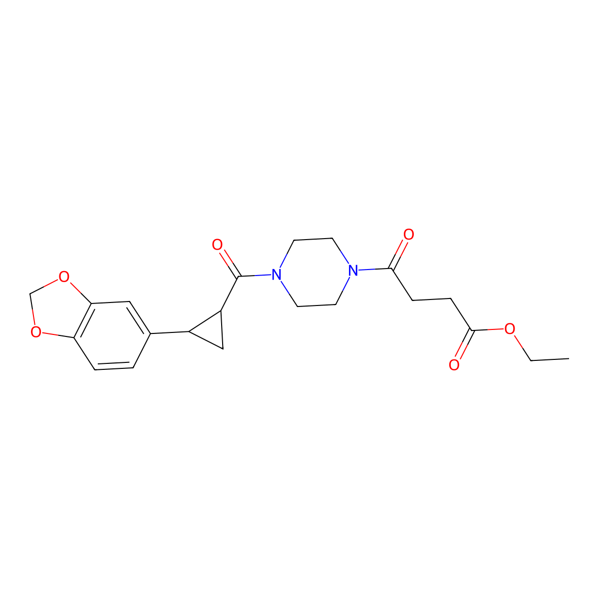 Ethyl 4-(4-(2-(benzo[d][1,3]dioxol-5-yl)cyclopropanecarbonyl)piperazin-1-yl)-4-oxobutanoate molecular structure, CAS 1219904-14-9