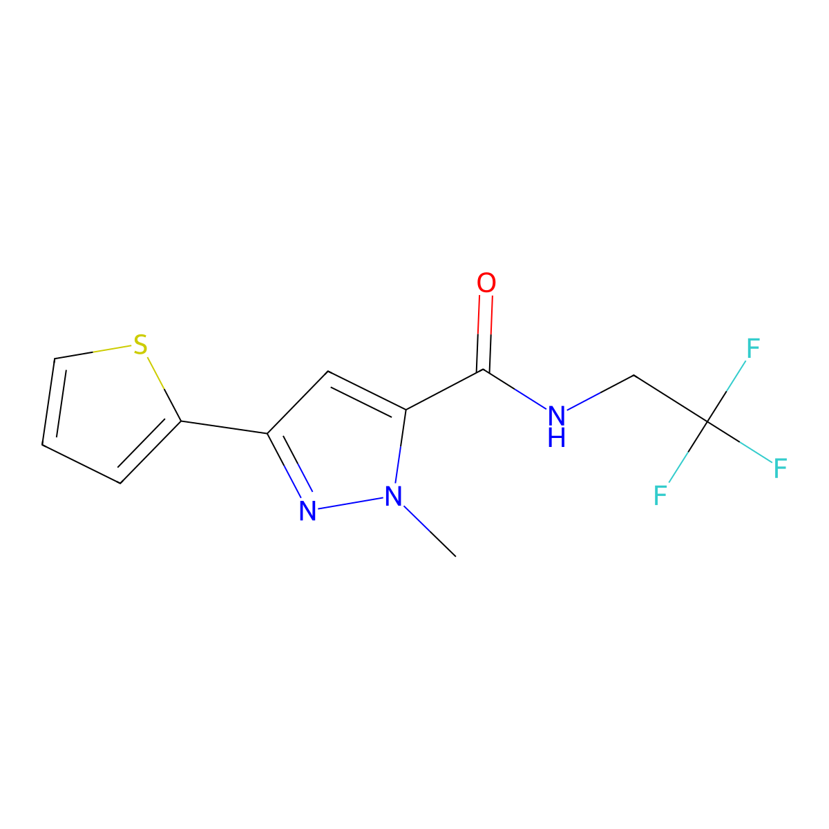 1-methyl-3-(thiophen-2-yl)-N-(2,2,2-trifluoroethyl)-1H-pyrazole-5-carboxamide molecular structure, CAS 1219904-17-2