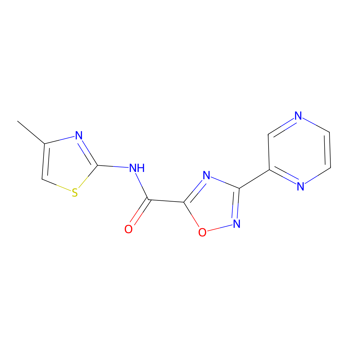 N-(4-methylthiazol-2-yl)-3-(pyrazin-2-yl)-1,2,4-oxadiazole-5-carboxamide molecular structure, CAS 1219904-19-4