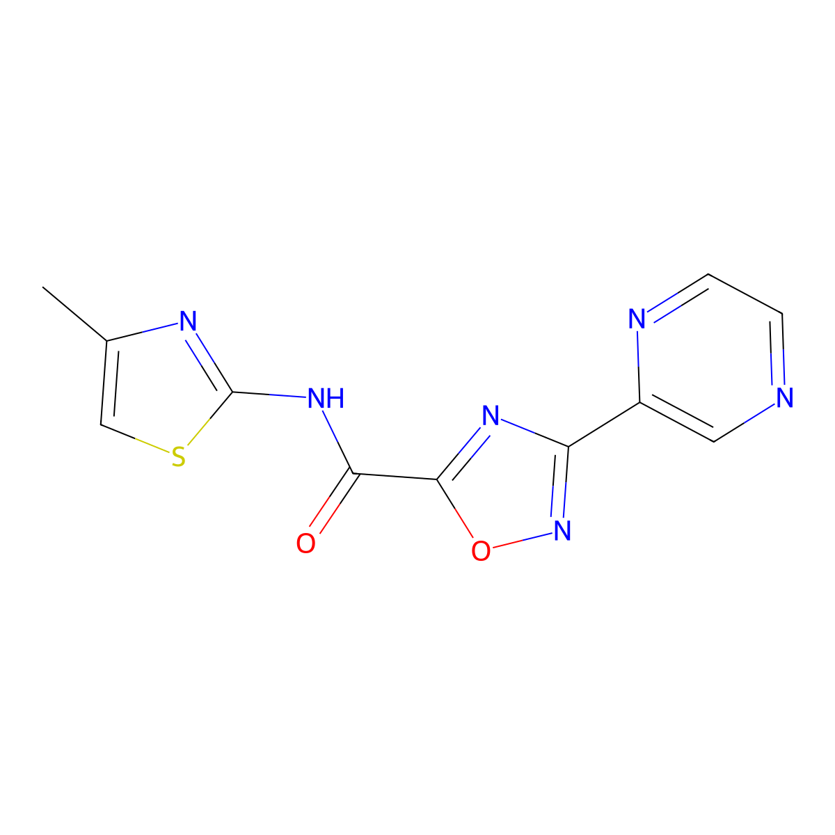 N-(4-methylthiazol-2-yl)-3-(pyrazin-2-yl)-1,2,4-oxadiazole-5-carboxamide molecular structure, CAS 1219904-19-4