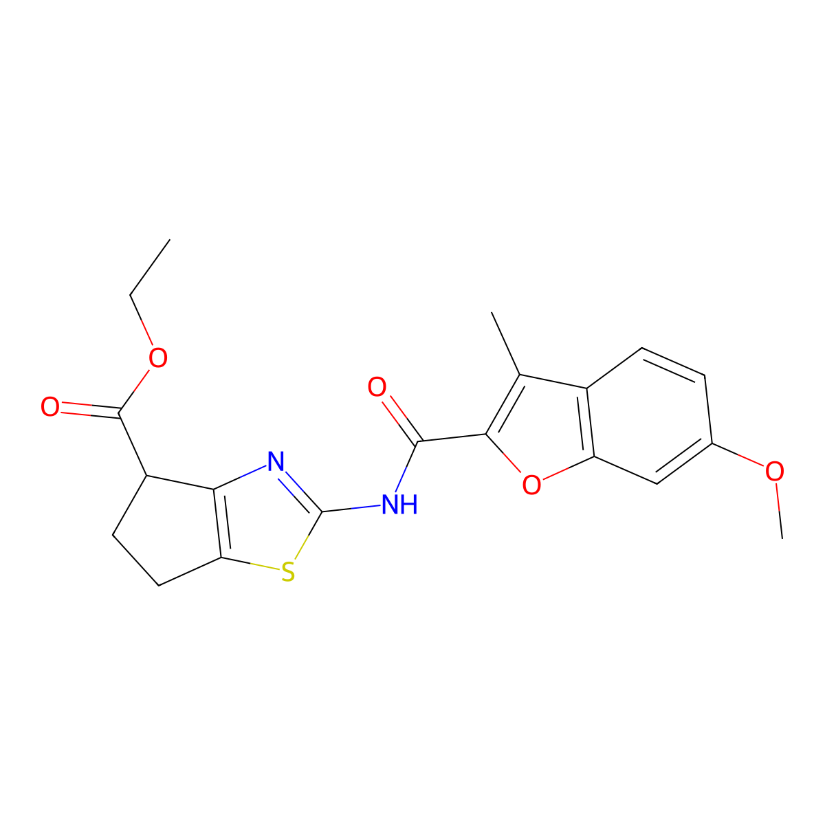 ethyl 2-(6-methoxy-3-methylbenzofuran-2-carboxamido)-5,6-dihydro-4H-cyclopenta[d]thiazole-4-carboxylate molecular structure, CAS 1219904-21-8