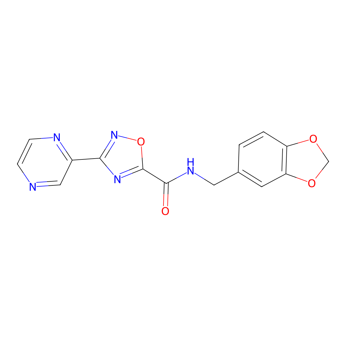 N-(benzo[d][1,3]dioxol-5-ylmethyl)-3-(pyrazin-2-yl)-1,2,4-oxadiazole-5-carboxamide molecular structure, CAS 1219904-26-3