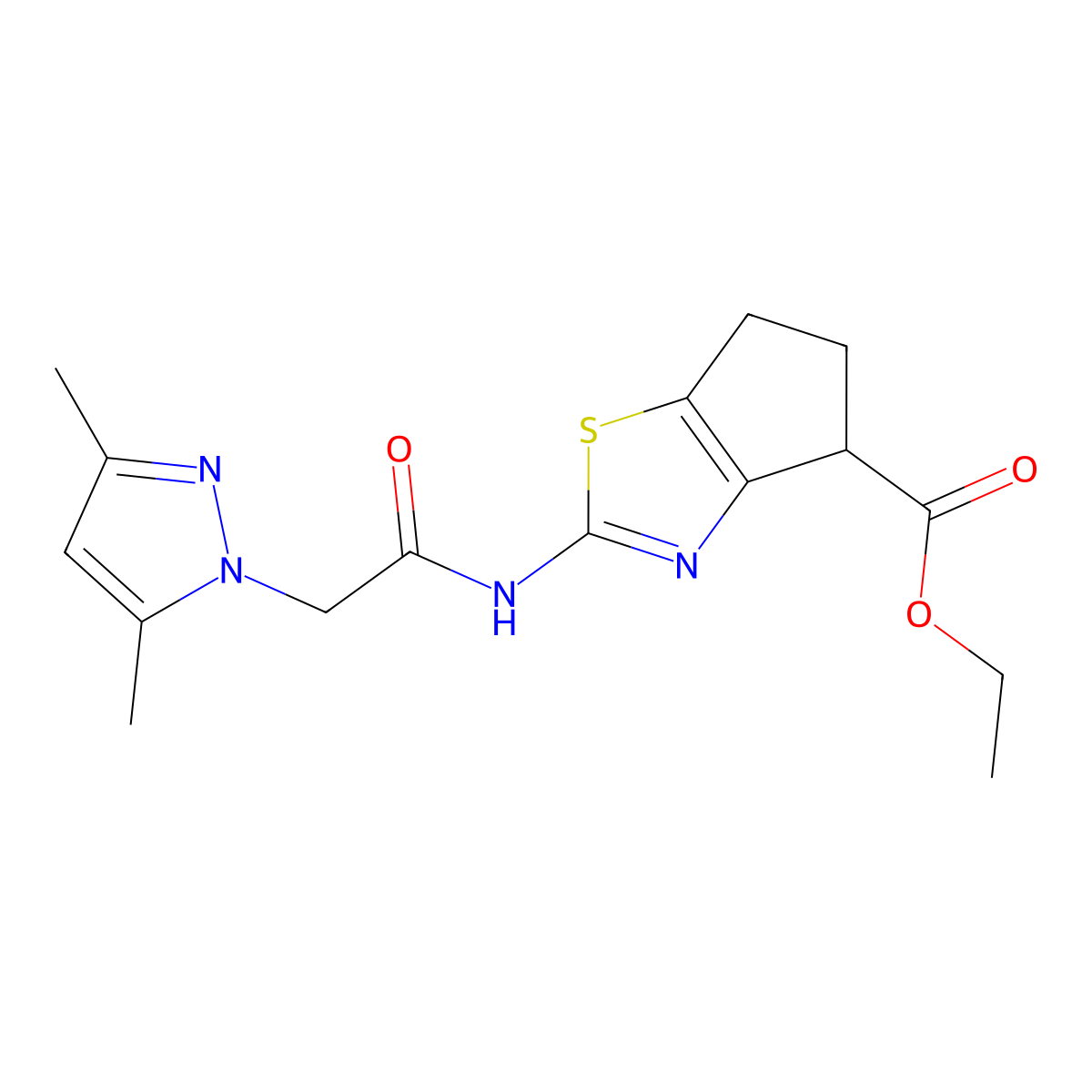 ethyl 2-(2-(3,5-dimethyl-1H-pyrazol-1-yl)acetamido)-5,6-dihydro-4H-cyclopenta[d]thiazole-4-carboxylate molecular structure, CAS 1219904-34-3