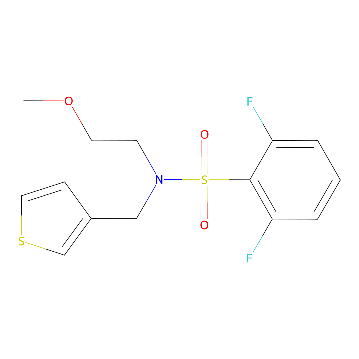 2,6-difluoro-N-(2-methoxyethyl)-N-(thiophen-3-ylmethyl)benzenesulfonamide molecular structure, CAS 1219904-36-5