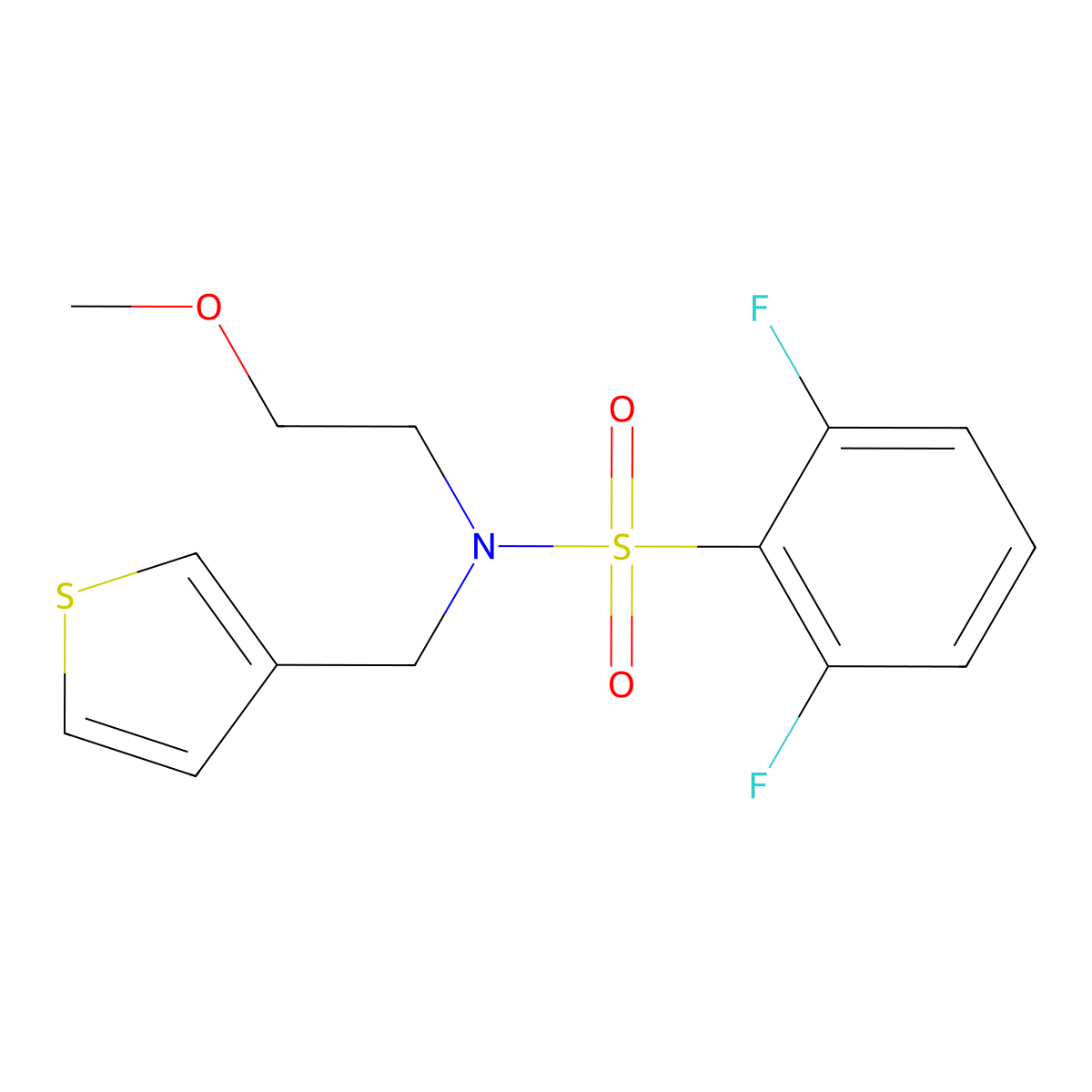 2,6-difluoro-N-(2-methoxyethyl)-N-(thiophen-3-ylmethyl)benzenesulfonamide molecular structure, CAS 1219904-36-5