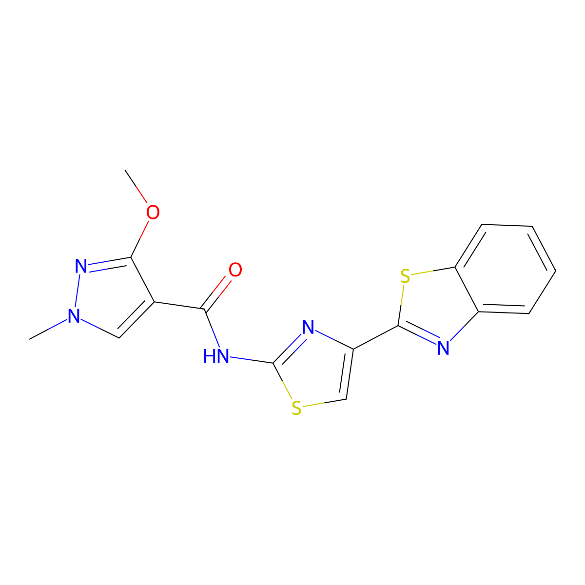 N-(4-(benzo[d]thiazol-2-yl)thiazol-2-yl)-3-methoxy-1-methyl-1H-pyrazole-4-carboxamide molecular structure, CAS 1219904-37-6
