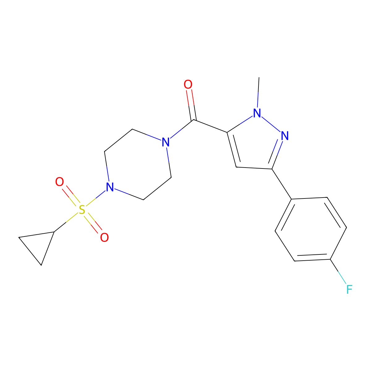 (4-(cyclopropylsulfonyl)piperazin-1-yl)(3-(4-fluorophenyl)-1-methyl-1H-pyrazol-5-yl)methanone molecular structure, CAS 1219904-42-3