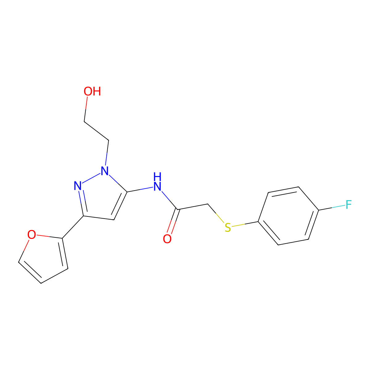 2-((4-fluorophenyl)thio)-N-(3-(furan-2-yl)-1-(2-hydroxyethyl)-1H-pyrazol-5-yl)acetamide molecular structure, CAS 1219904-44-5