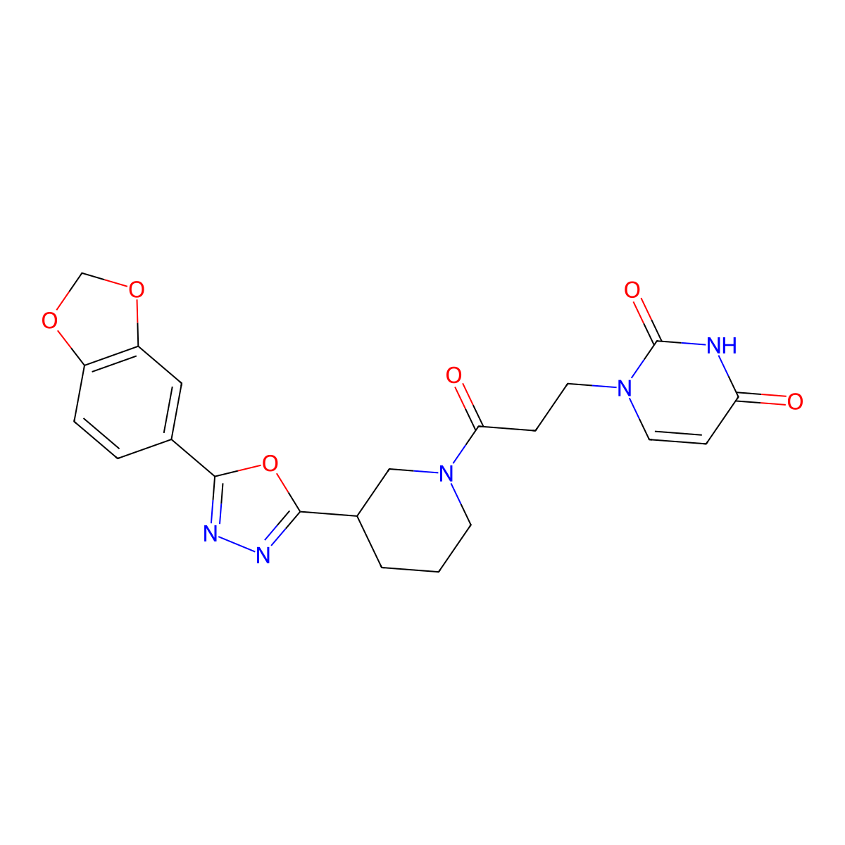 1-(3-(3-(5-(benzo[d][1,3]dioxol-5-yl)-1,3,4-oxadiazol-2-yl)piperidin-1-yl)-3-oxopropyl)pyrimidine-2,4(1H,3H)-dione molecular structure, CAS 1219904-48-9