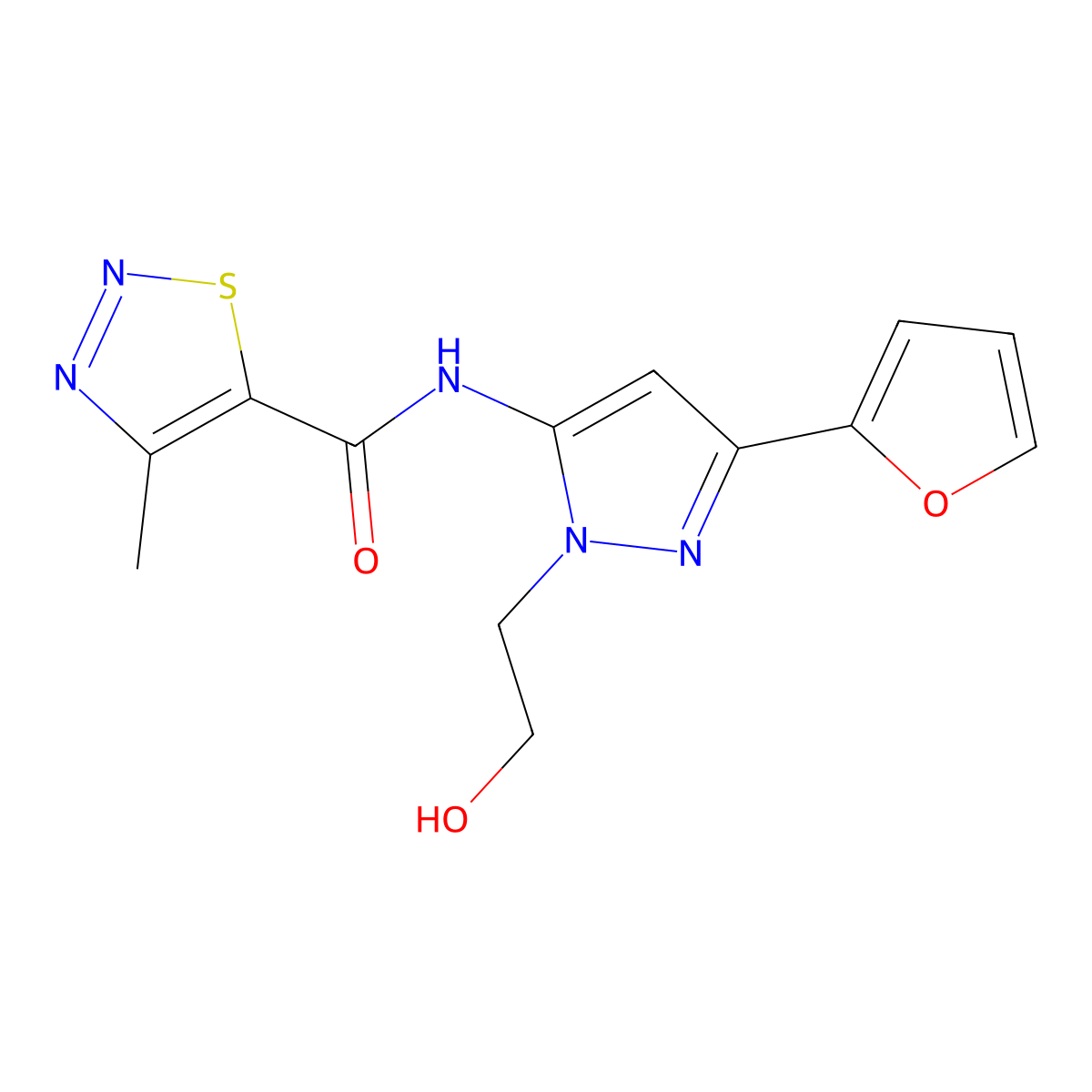N-(3-(furan-2-yl)-1-(2-hydroxyethyl)-1H-pyrazol-5-yl)-4-methyl-1,2,3-thiadiazole-5-carboxamide molecular structure, CAS 1219905-35-7