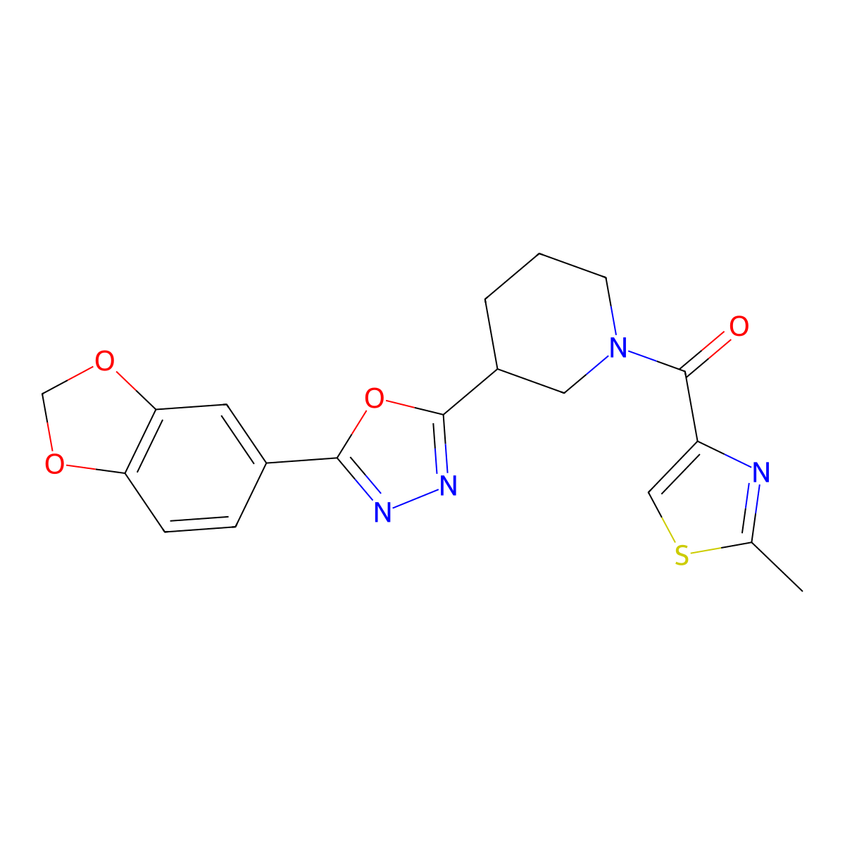 (3-(5-(Benzo[d][1,3]dioxol-5-yl)-1,3,4-oxadiazol-2-yl)piperidin-1-yl)(2-methylthiazol-4-yl)methanone molecular structure, CAS 1219905-42-6