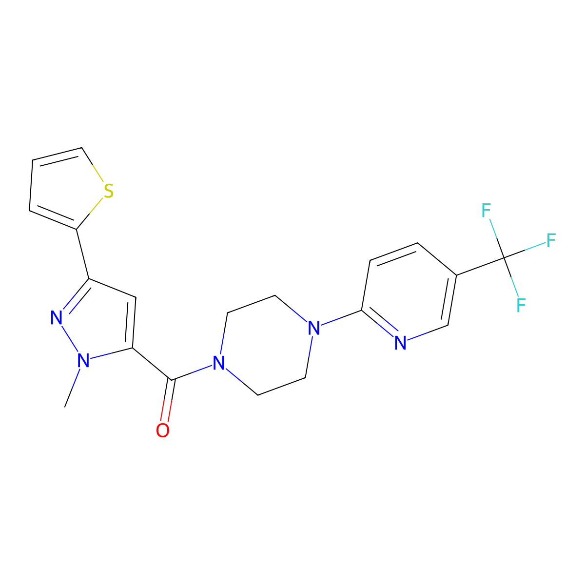 1-[1-methyl-3-(thiophen-2-yl)-1H-pyrazole-5-carbonyl]-4-[5-(trifluoromethyl)pyridin-2-yl]piperazine molecular structure, CAS 1219905-48-2