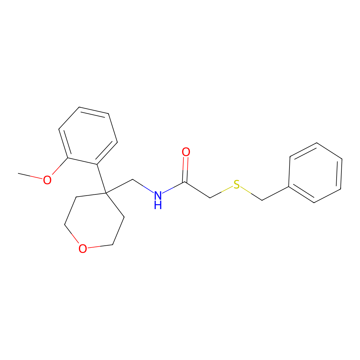 2-(benzylthio)-N-((4-(2-methoxyphenyl)tetrahydro-2H-pyran-4-yl)methyl)acetamide molecular structure, CAS 1219905-57-3