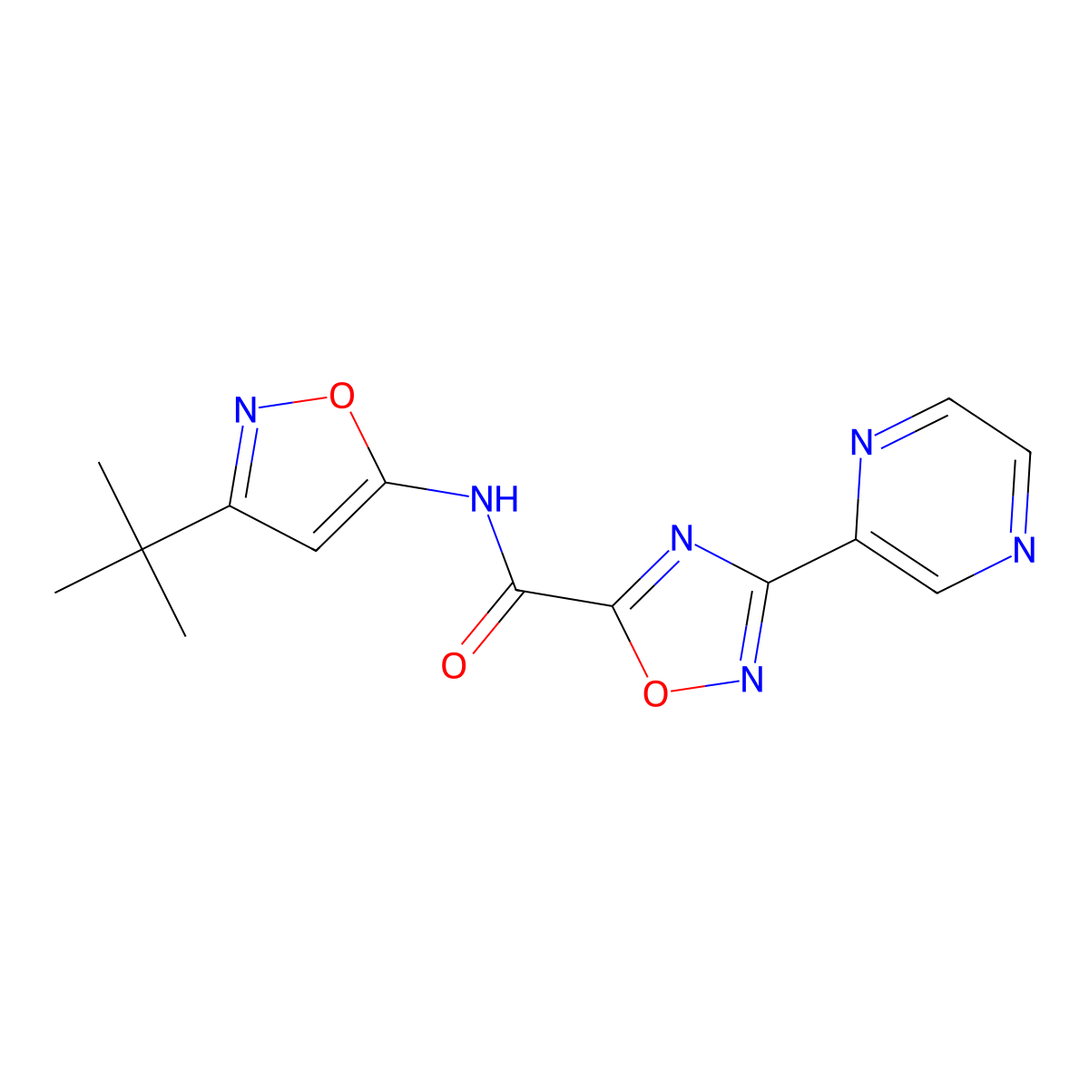 N-(3-(tert-butyl)isoxazol-5-yl)-3-(pyrazin-2-yl)-1,2,4-oxadiazole-5-carboxamide molecular structure, CAS 1219905-64-2