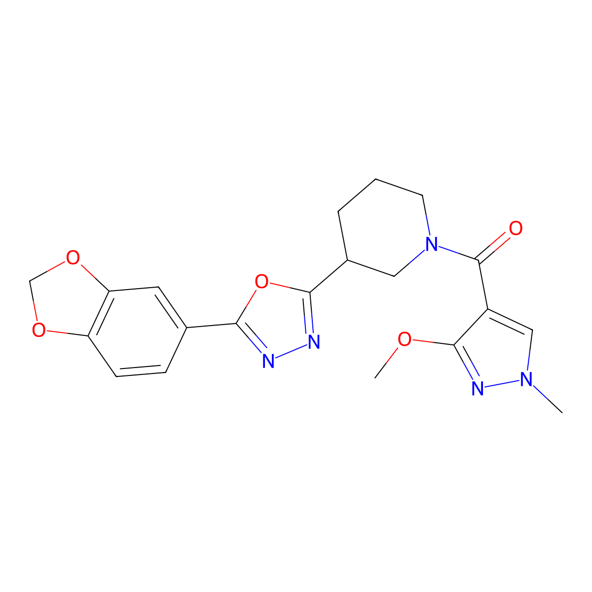 (3-(5-(benzo[d][1,3]dioxol-5-yl)-1,3,4-oxadiazol-2-yl)piperidin-1-yl)(3-methoxy-1-methyl-1H-pyrazol-4-yl)methanone molecular structure, CAS 1219905-67-5