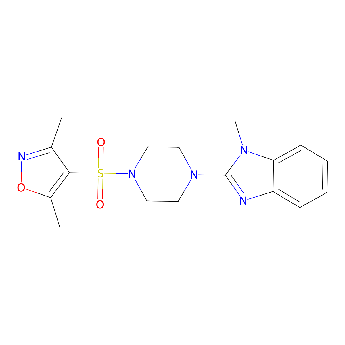 3,5-dimethyl-4-((4-(1-methyl-1H-benzo[d]imidazol-2-yl)piperazin-1-yl)sulfonyl)isoxazole molecular structure, CAS 1219905-71-1