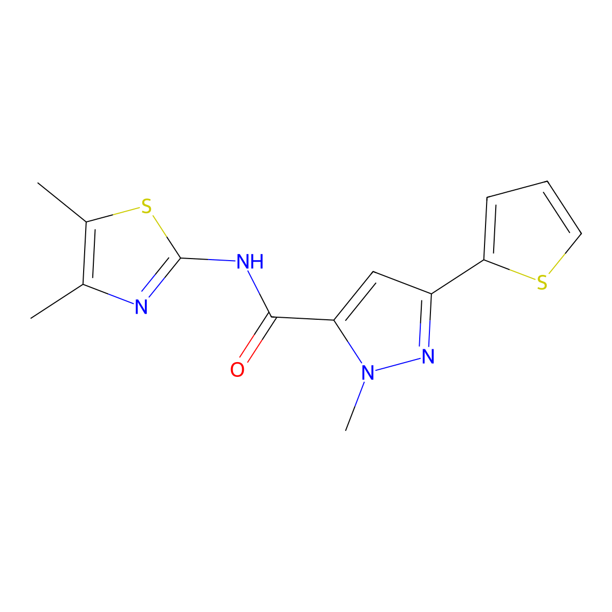 N-(4,5-dimethylthiazol-2-yl)-1-methyl-3-(thiophen-2-yl)-1H-pyrazole-5-carboxamide molecular structure, CAS 1219905-73-3