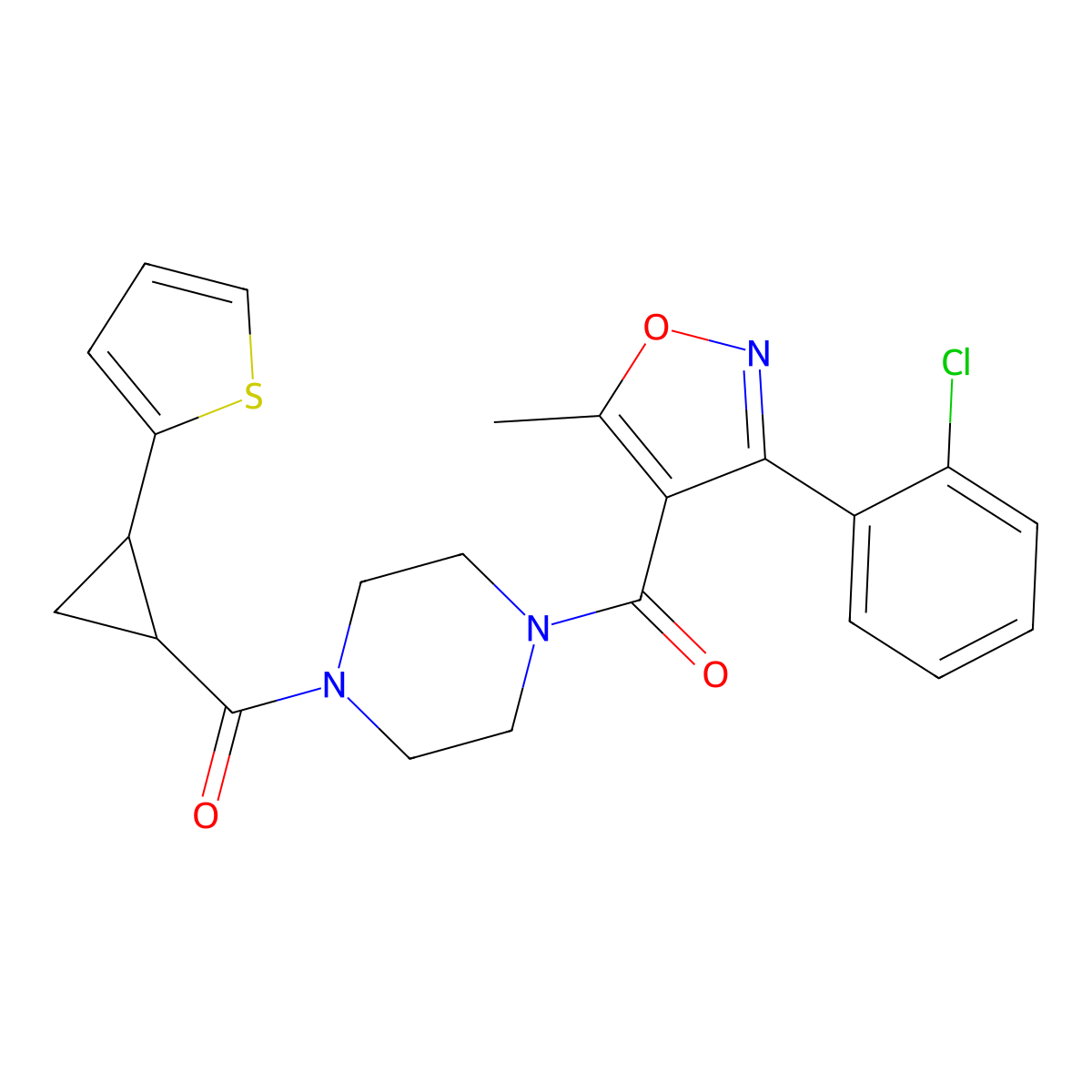 (3-(2-Chlorophenyl)-5-methylisoxazol-4-yl)(4-(2-(thiophen-2-yl)cyclopropanecarbonyl)piperazin-1-yl)methanone molecular structure, CAS 1219905-81-3