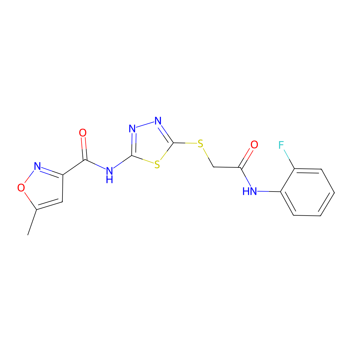 N-(5-((2-((2-fluorophenyl)amino)-2-oxoethyl)thio)-1,3,4-thiadiazol-2-yl)-5-methylisoxazole-3-carboxamide molecular structure, CAS 1219905-82-4