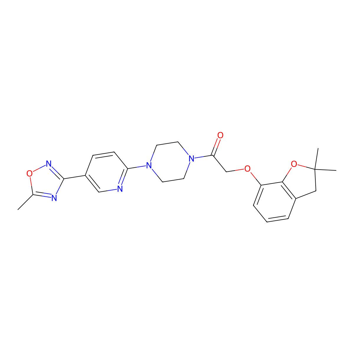 2-((2,2-Dimethyl-2,3-dihydrobenzofuran-7-yl)oxy)-1-(4-(5-(5-methyl-1,2,4-oxadiazol-3-yl)pyridin-2-yl)piperazin-1-yl)ethanone molecular structure, CAS 1219905-92-6
