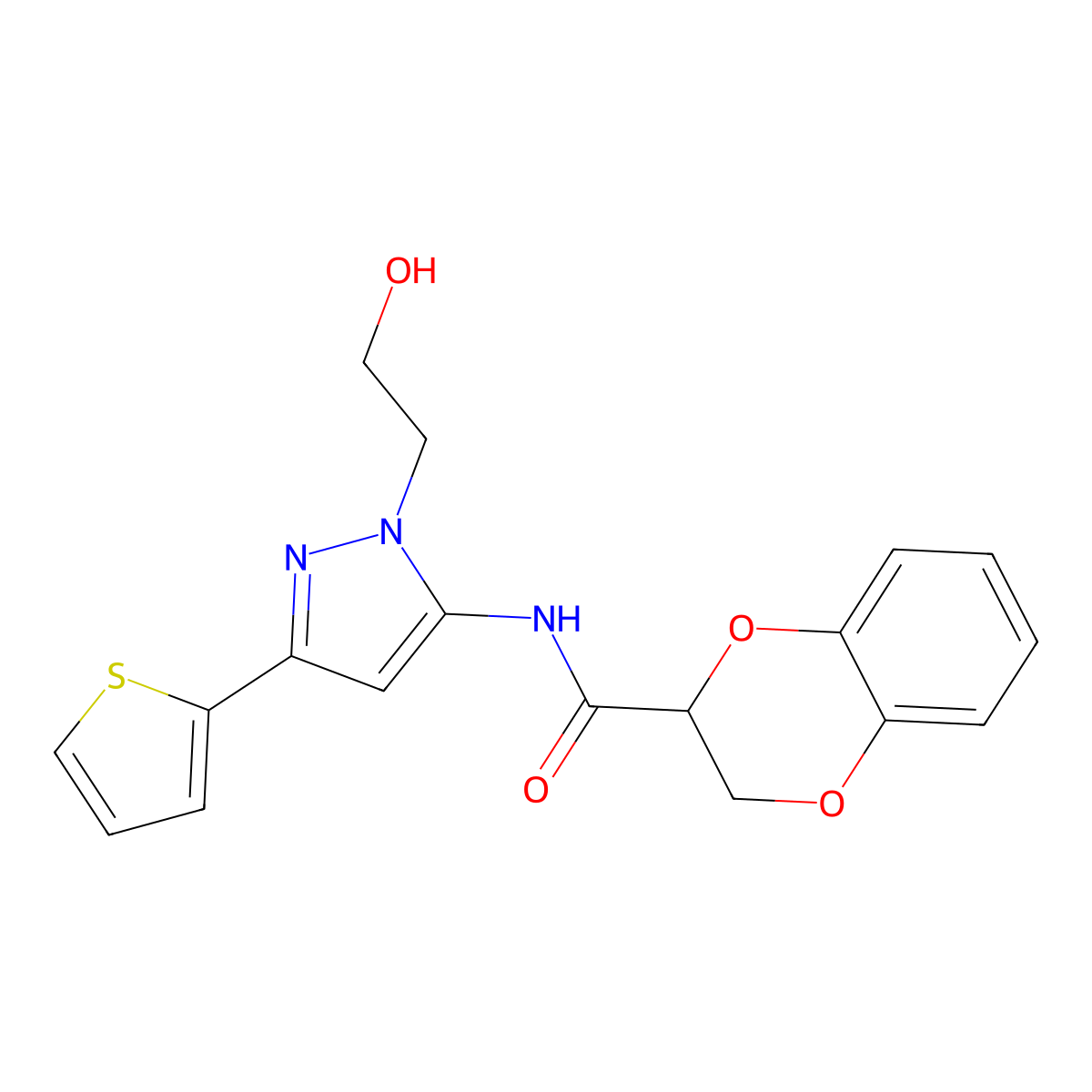 N-(1-(2-hydroxyethyl)-3-(thiophen-2-yl)-1H-pyrazol-5-yl)-2,3-dihydrobenzo[b][1,4]dioxine-2-carboxamide molecular structure, CAS 1219905-93-7