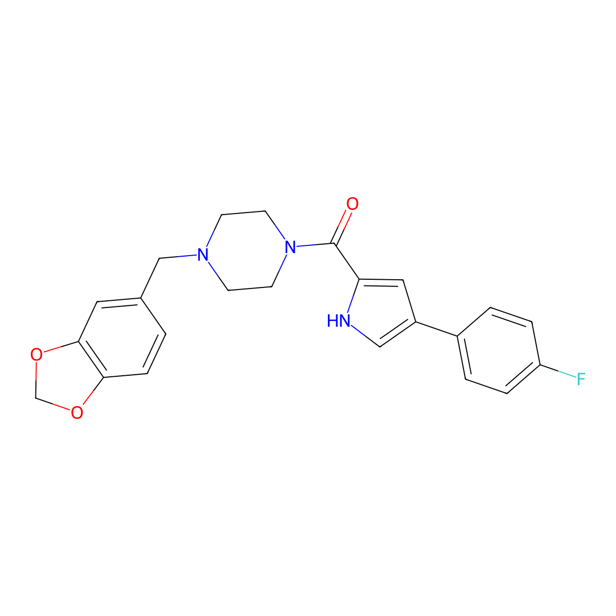 (4-(benzo[d][1,3]dioxol-5-ylmethyl)piperazin-1-yl)(4-(4-fluorophenyl)-1H-pyrrol-2-yl)methanone molecular structure, CAS 1219906-00-9