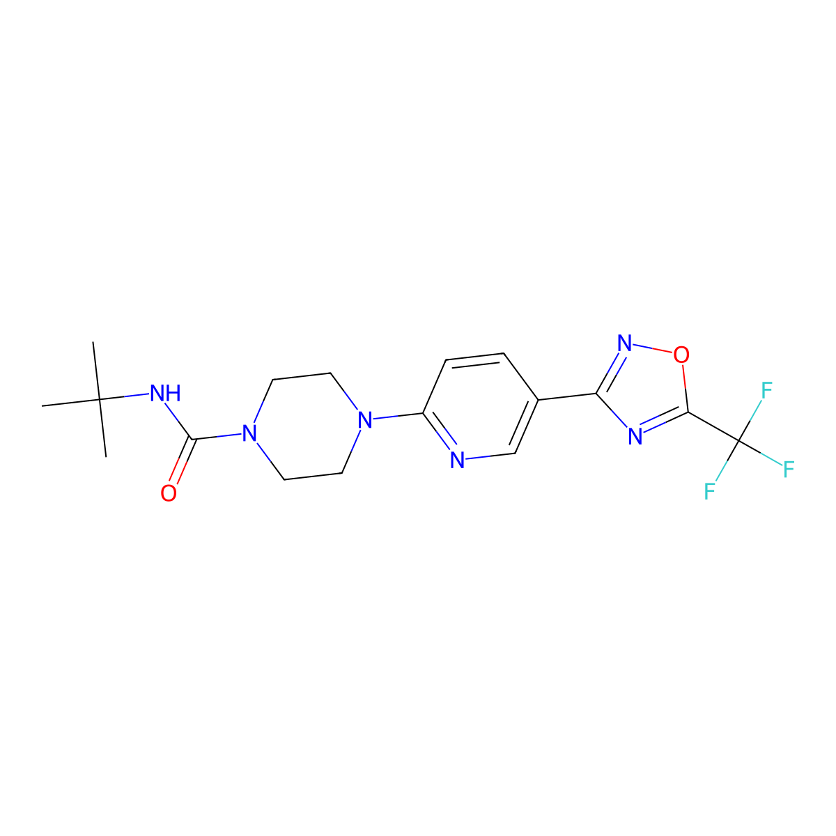 N-(tert-butyl)-4-(5-(5-(trifluoromethyl)-1,2,4-oxadiazol-3-yl)pyridin-2-yl)piperazine-1-carboxamide molecular structure, CAS 1219906-01-0