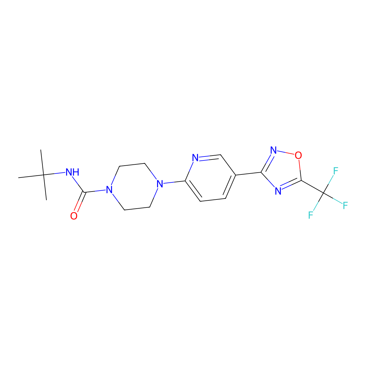 N-(tert-butyl)-4-(5-(5-(trifluoromethyl)-1,2,4-oxadiazol-3-yl)pyridin-2-yl)piperazine-1-carboxamide molecular structure, CAS 1219906-01-0