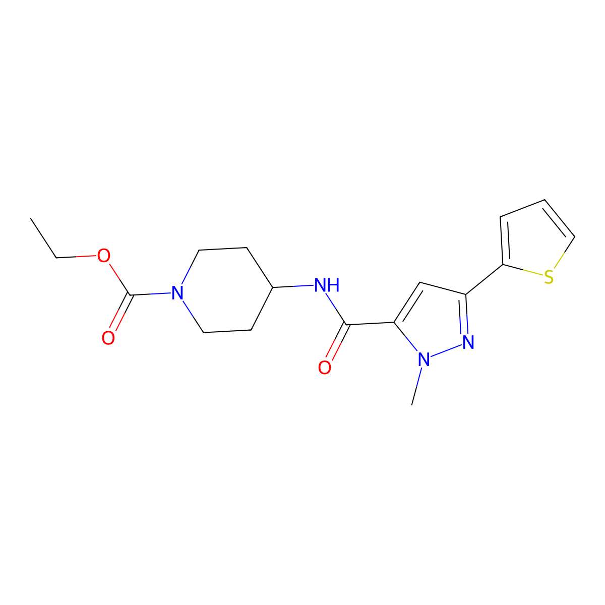 ethyl 4-(1-methyl-3-(thiophen-2-yl)-1H-pyrazole-5-carboxamido)piperidine-1-carboxylate molecular structure, CAS 1219906-06-5