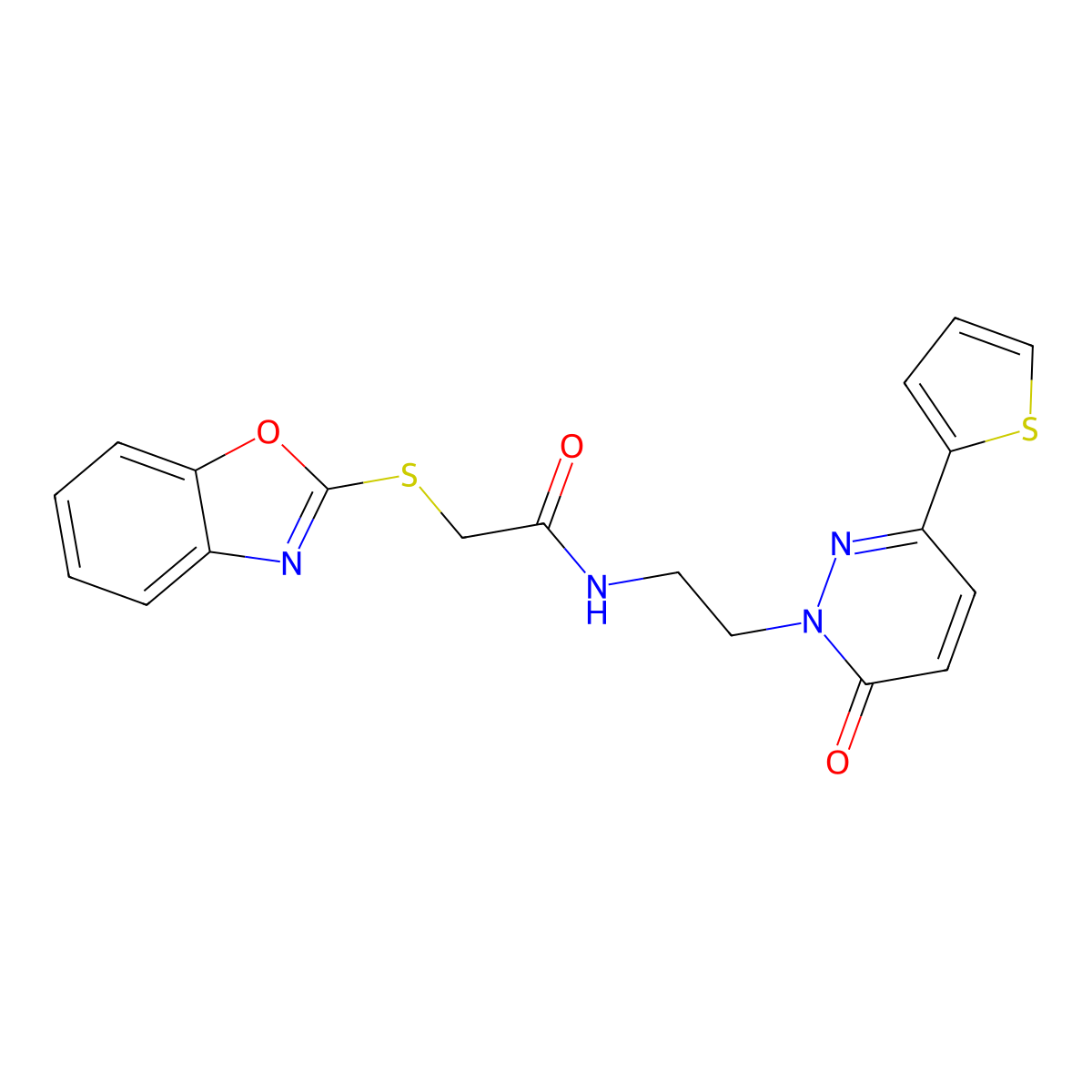 2-(benzo[d]oxazol-2-ylthio)-N-(2-(6-oxo-3-(thiophen-2-yl)pyridazin-1(6H)-yl)ethyl)acetamide molecular structure, CAS 1219906-07-6